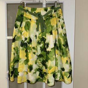 Jones New York Signature Floral Print Pleated A-Line Skirt Green Yellow 10